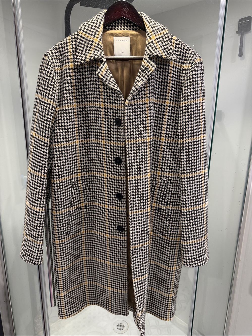 Checked Wool-Blend Pea Coat in Black, Cream & Tan by Zara